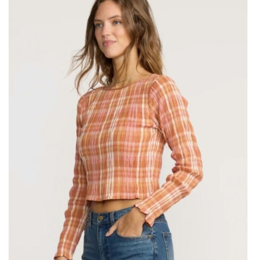 NWT Billabong Check Me Out Crop Top Plaid Smocked Long Sleeve Sunburnt Orange L